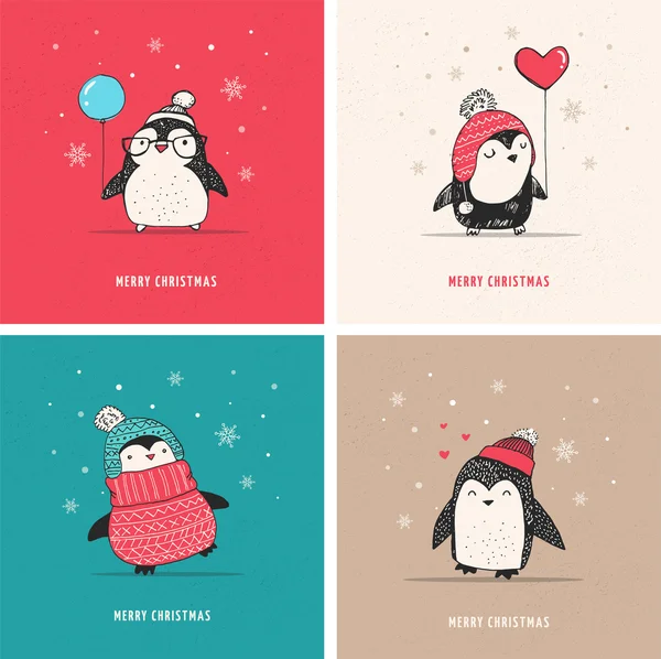 Leuke hand getrokken pinguïns set - Vrolijke kerstgroeten — Stockvector