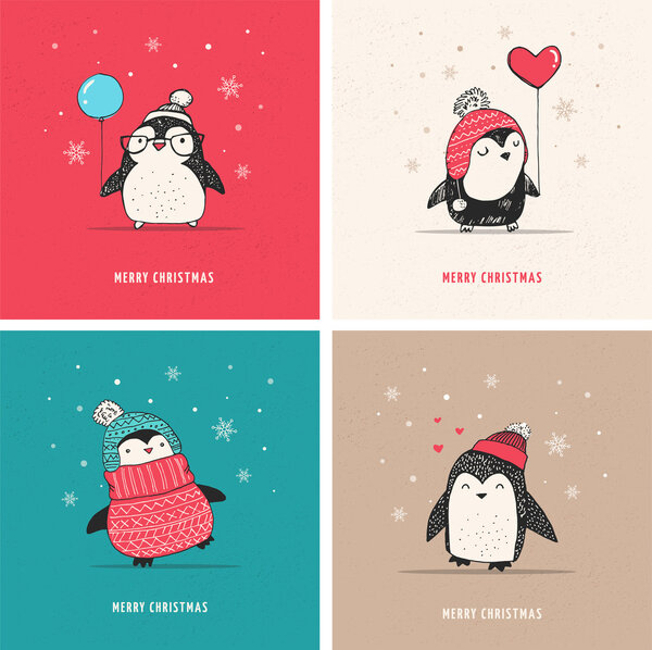 Cute hand drawn penguins set - Merry Christmas greetings