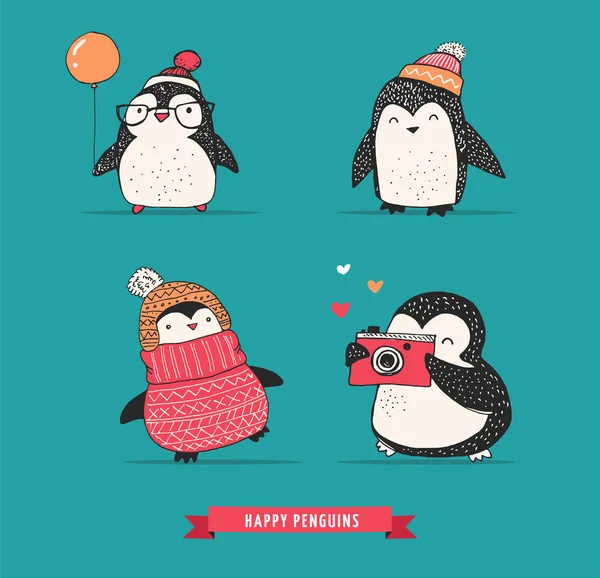 Lindo conjunto de pingüinos dibujados a mano - Feliz Navidad saludos — Archivo Imágenes Vectoriales