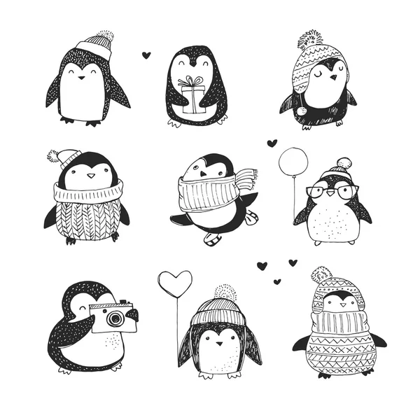 Ensemble de pingouins dessinés à la main - Joyeux Noël salutations — Image vectorielle