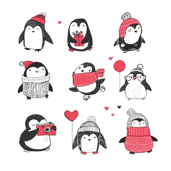 Ensemble de pingouins dessinés à la main - Joyeux Noël salutations — Image vectorielle