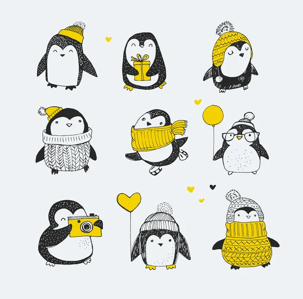 Lindo conjunto de pingüinos dibujados a mano - Feliz Navidad saludos — Archivo Imágenes Vectoriales