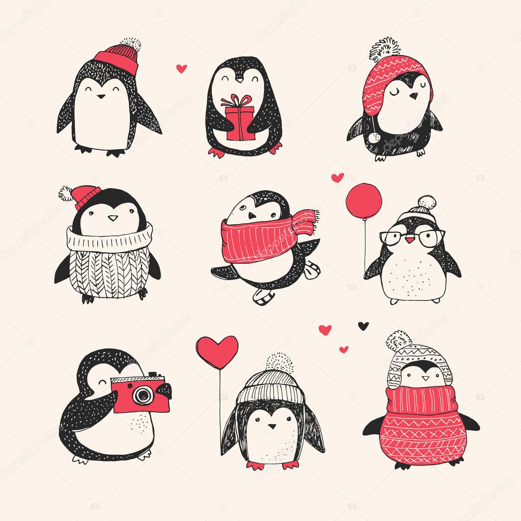 Cute hand drawn penguins set -  Merry Christmas