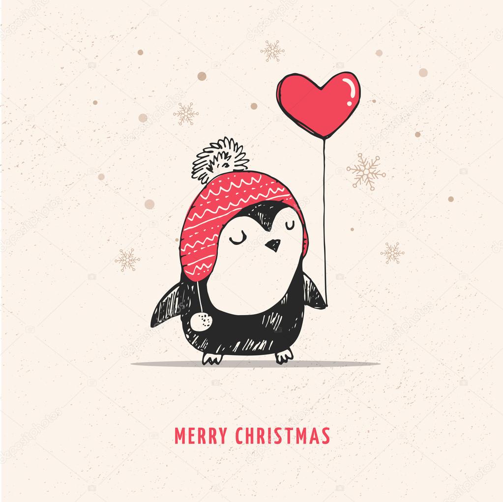 Cute hand drawn penguin with red heart balloon