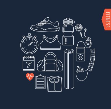 Fitness ve spor salonu çizgi, düz simgeler