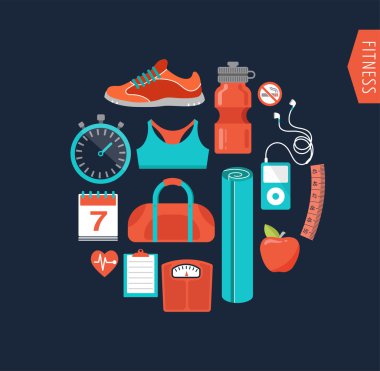 Fitness ve spor salonu çizgi, düz simgeler