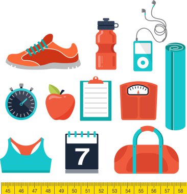 Fitness ve spor salonu çizgi, düz simgeler