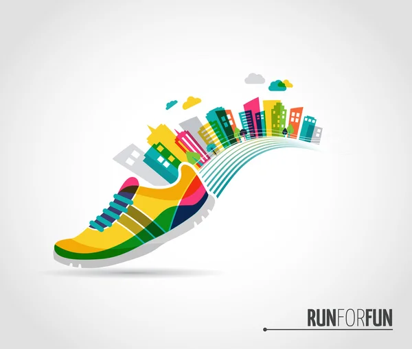 Cartel vectorial - running, sport shoe y la ciudad — Vector de stock