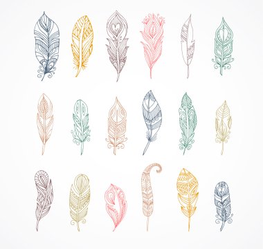 Elle çizilmiş bohem, aşiret, etnik tüyler. Renkli seti