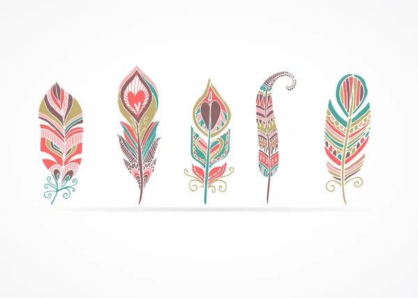 Hand drawn bohemian, tribal, ethnic feathers. Colorful set — Stock Vector