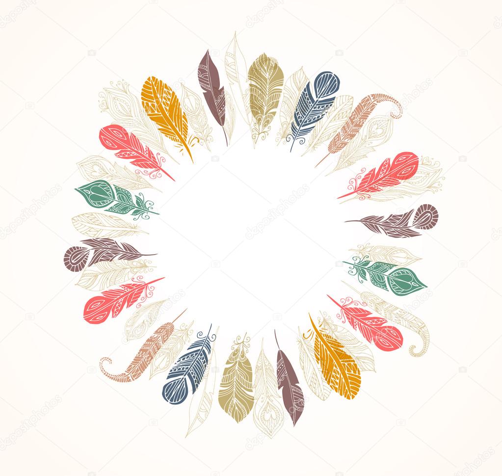 Hand drawn bohemian, tribal, ethnic feather background