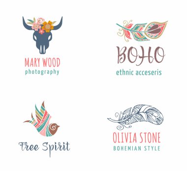 Bohemian, tribal, ethnic icon set with feather and bird clipart