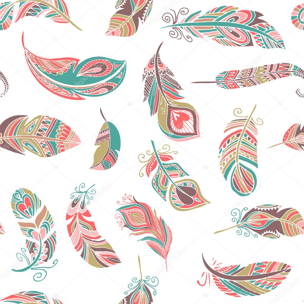 Bohemian style feathers seamless pattern