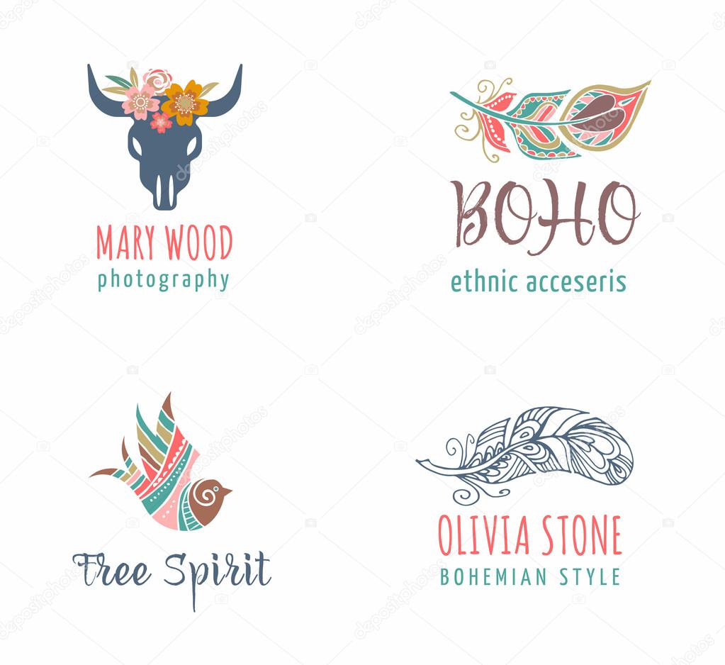 Bohemian, tribal, ethnic icon set with feather, bird and skull of bull