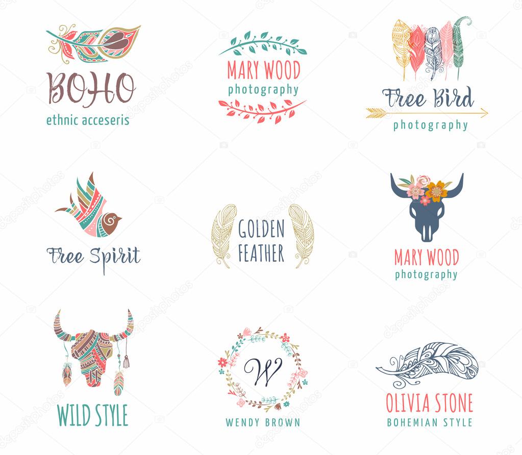 Bohemian, tribal, ethnic icon set with feather, bird and wreath