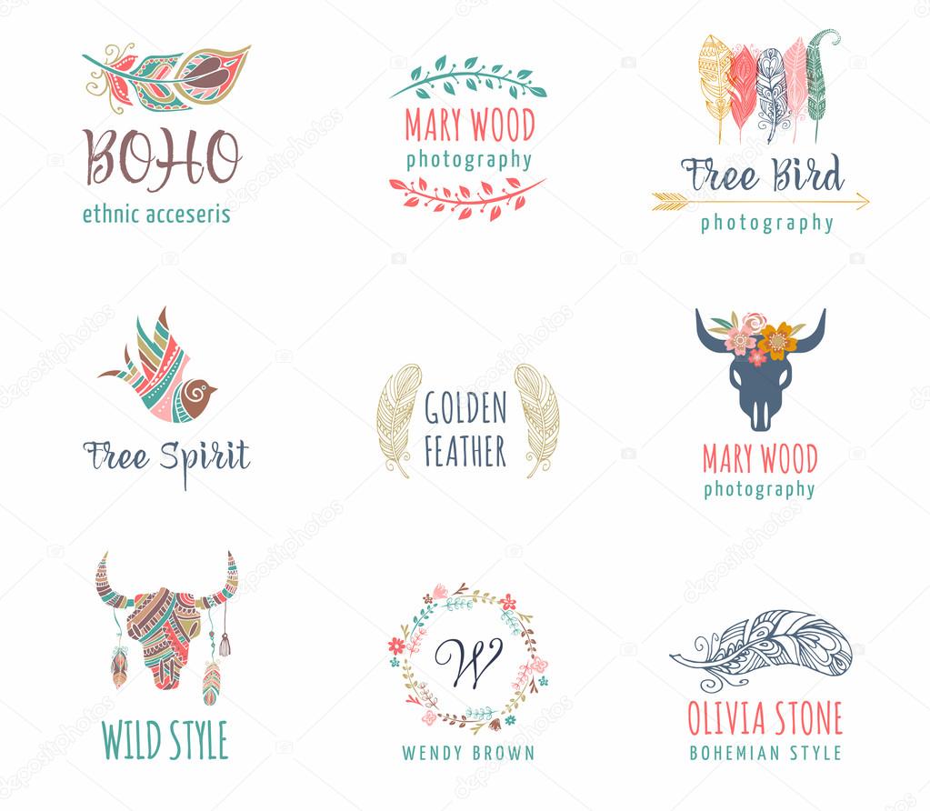 Bohemian, tribal, ethnic icon set with feather, bird and flower wreath