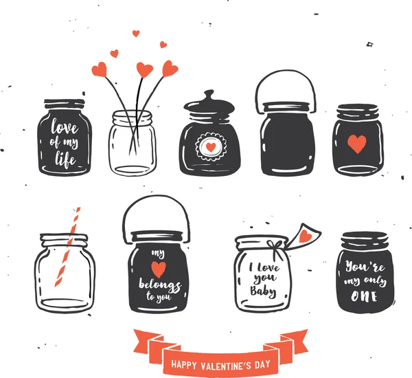 Collection de pots de maçon dessinés à la main, citations d'amour — Image vectorielle