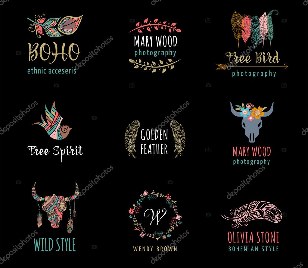 Bohemian, tribal, ethnic icon set with feather, bird and wreath