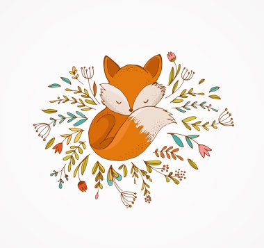 Çiçek - güzel illüstrasyon ve kart üzerinde uyku Fox