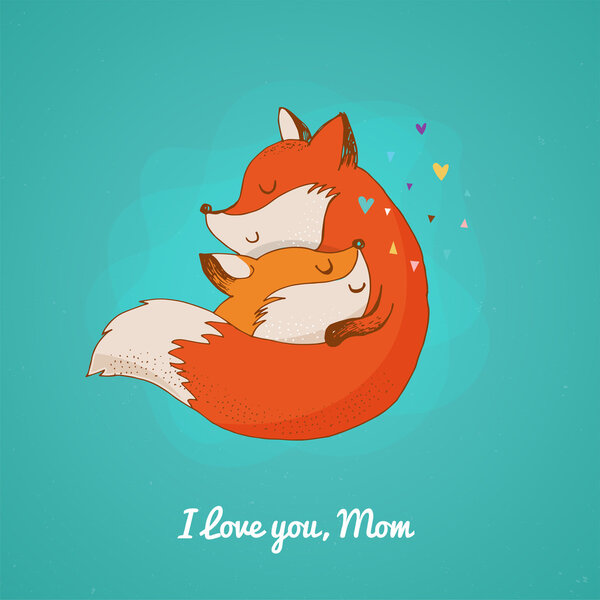 Fox, cute, lovely illustration and greetin card, Mothers day