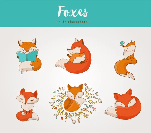 Personajes de Fox, lindo, ilustraciones encantadoras — Vector de stock