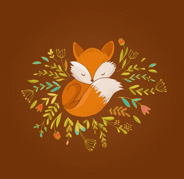 Fox, cute, lovely illustration and greetin card — Stock Vector