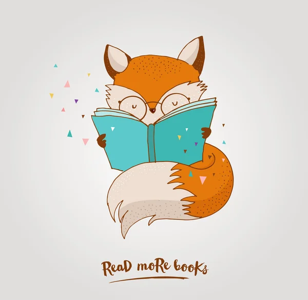 Smart Fox, libro de lectura, tarjeta greetin — Vector de stock