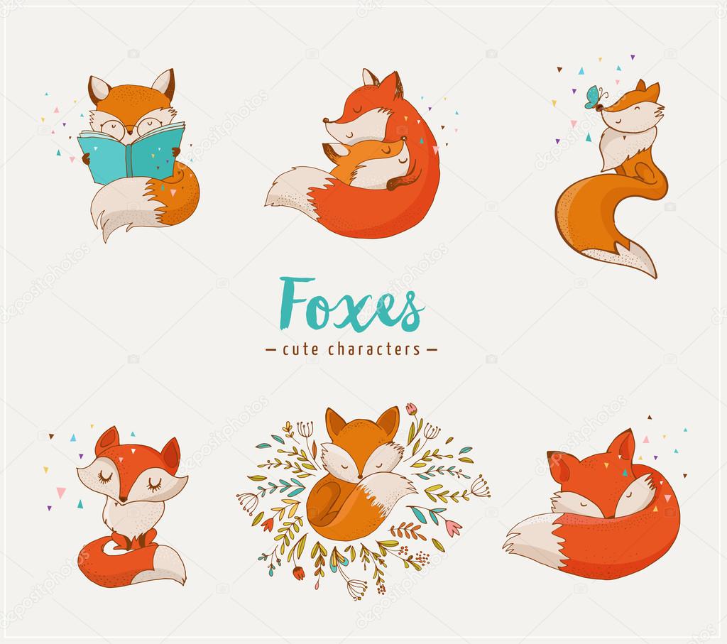 Fox characters cute, lovely illustrations - greeting cards