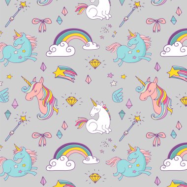 Sihirli el çizilmiş desen - tek boynuzlu at, gökkuşağı ve peri kanatları