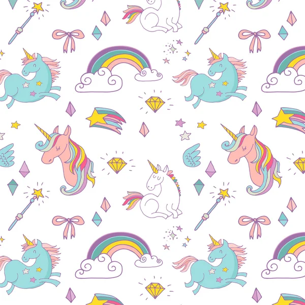 Magic hand drawn pattern - unicorn, rainbow and fairy wings — Stock Vector