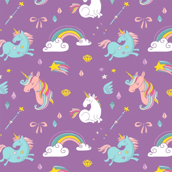 Patrón mágico dibujado a mano - alas de unicornio, arco iris y hada — Vector de stock