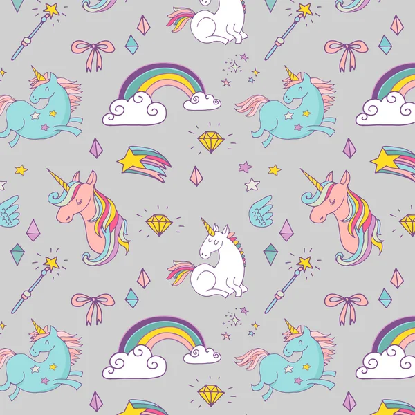 マジックハンド描かれたパターン - ユニコーン、虹と妖精の翼 — ストックベクタ