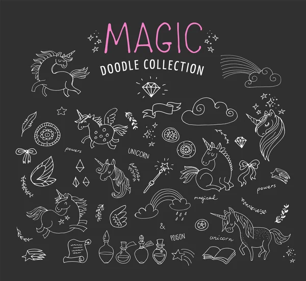 Hand drawn, magic, unicorn and fairy doodles — Stock Vector