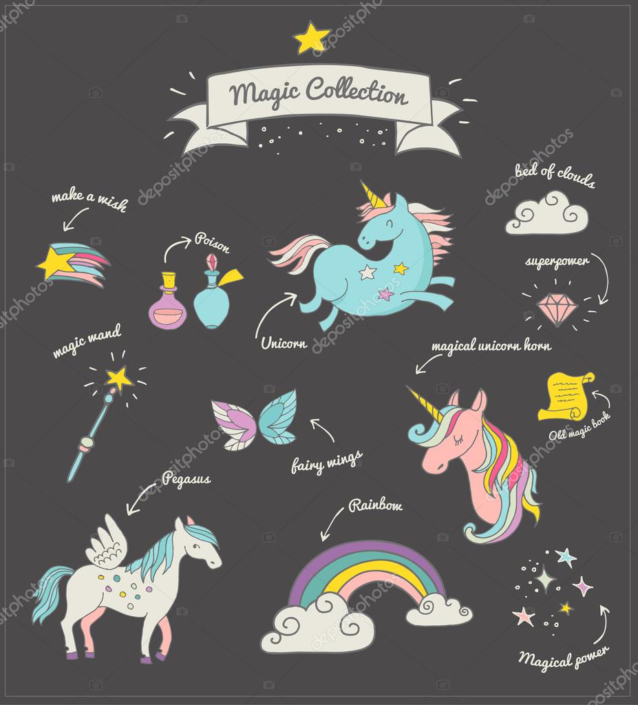 The Magic hand drawn doodle collection with unicorn, rainbow and fairy wings