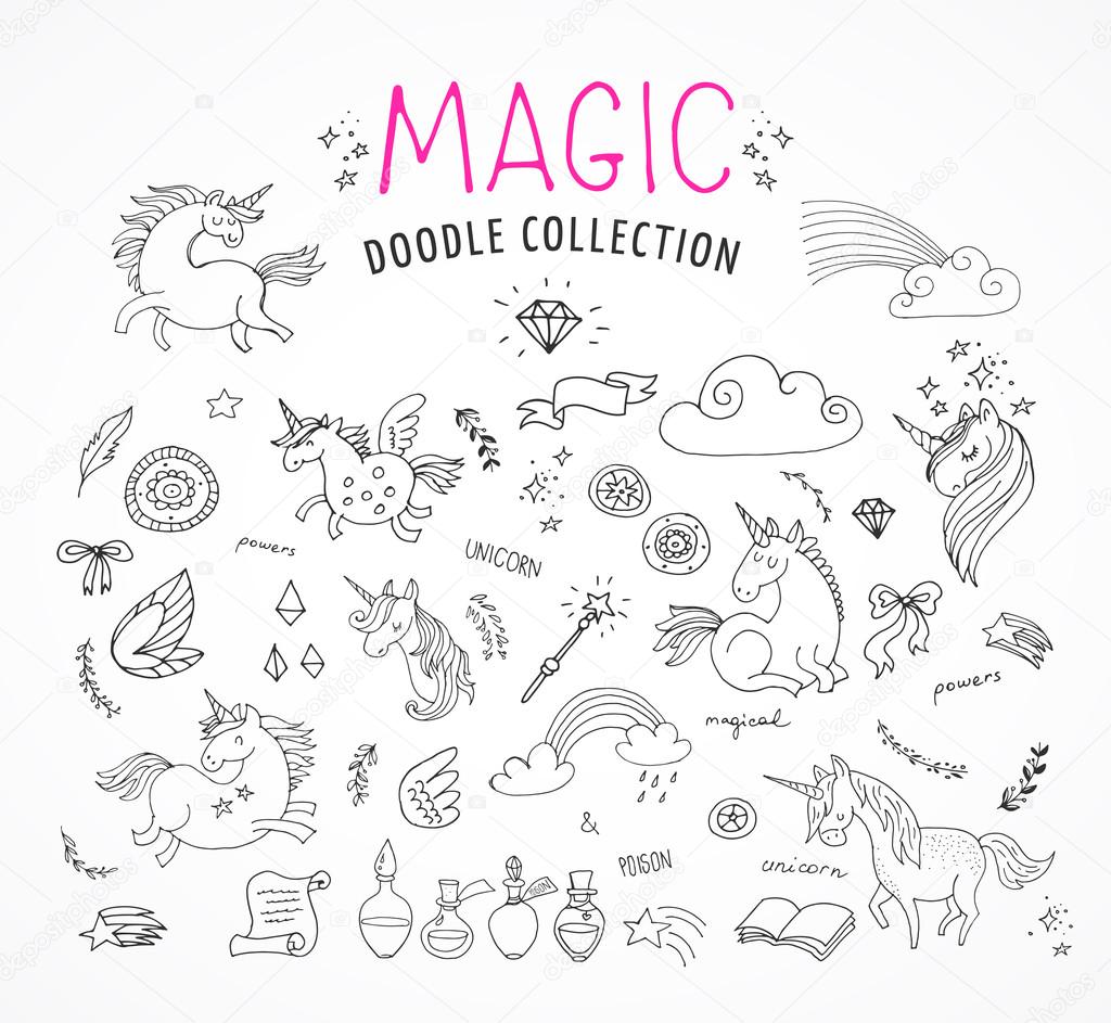 Hand drawn, magic, unicorn and fairy doodles, sketches