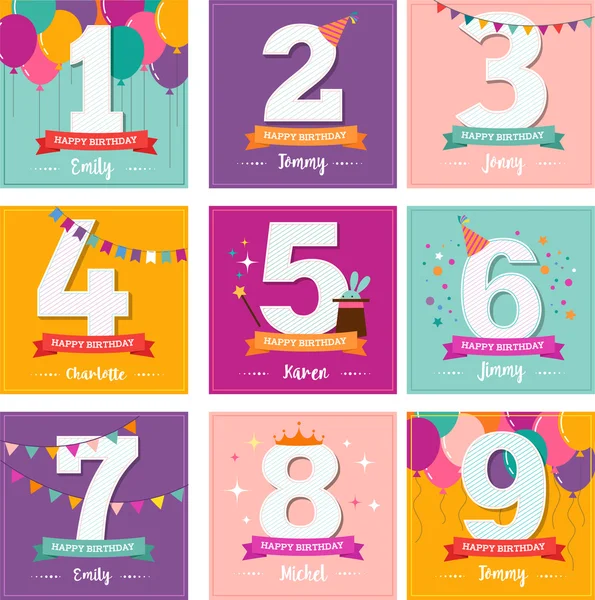 Joyeux anniversaire ensemble de cartes de voeux — Image vectorielle