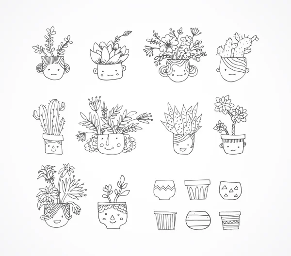Lindo conjunto de cactus dibujado a mano con caras — Vector de stock