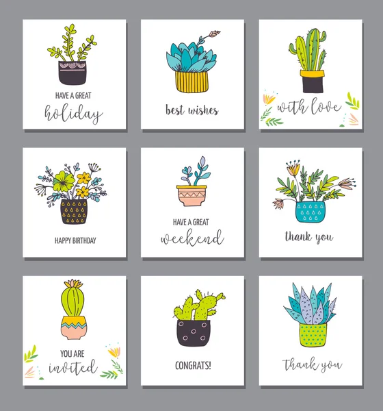 Lindo mano dibujado tarjetas de cactus conjunto — Vector de stock
