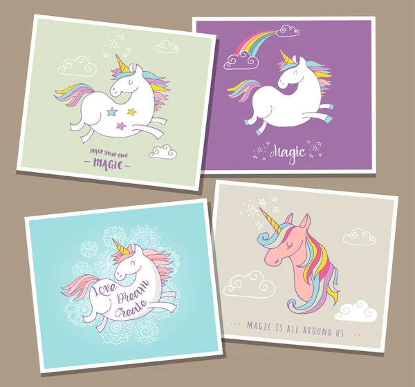Lindo unícono mágico y tarjetas de felicitación arco iris — Vector de stock