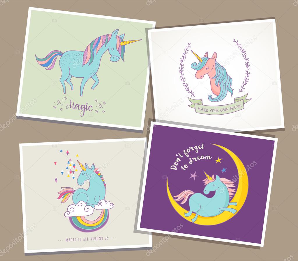 cute magic unicon and rainbow greeting cards