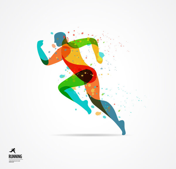 Running man, sport colorful poster, icon with splashes, shapes