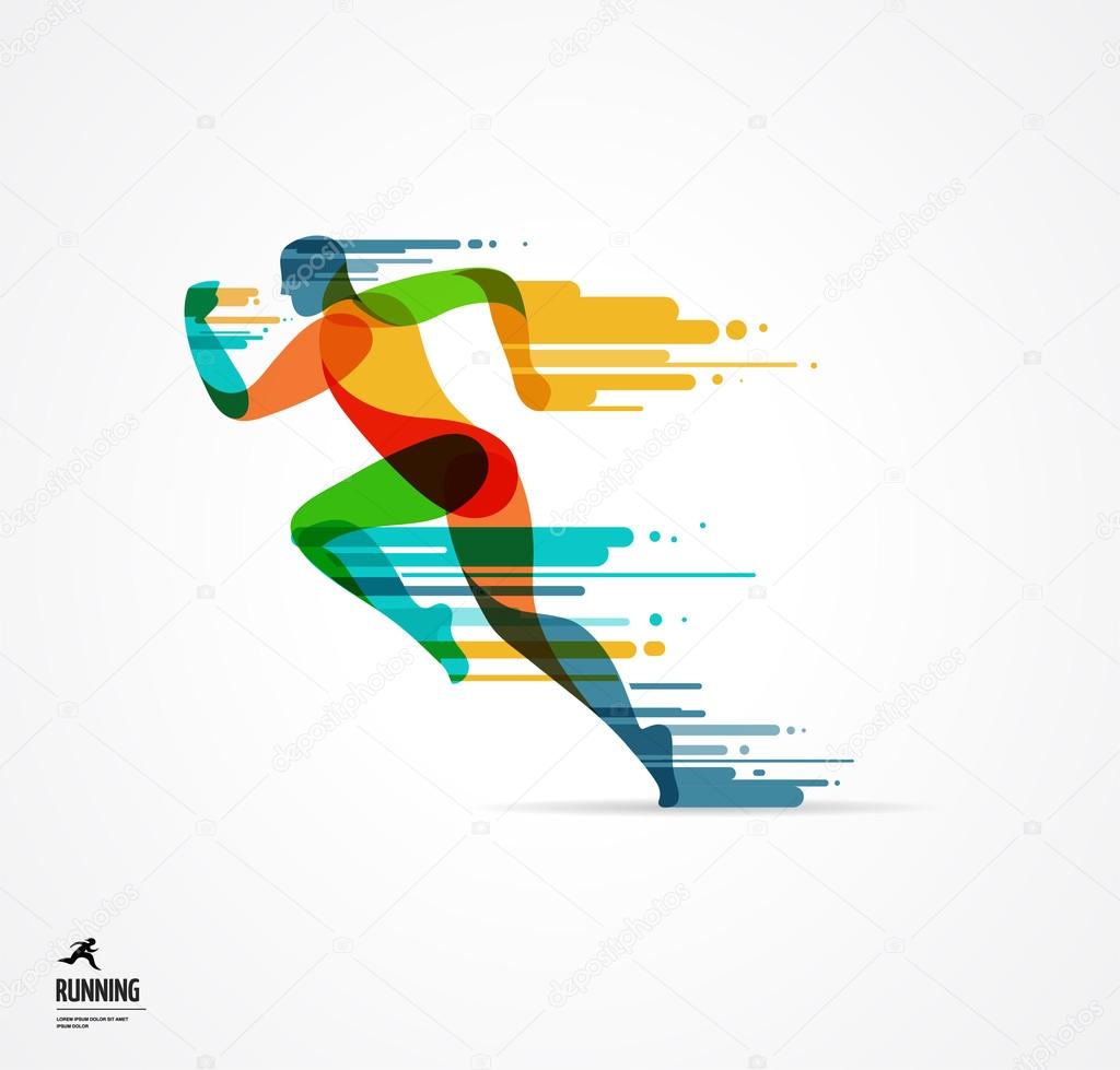 Running man, sport colorful poster, icon with splashes, shapes