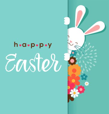 Colorful Happy Easter greeting card with rabbit, bunny, eggs and banners clipart