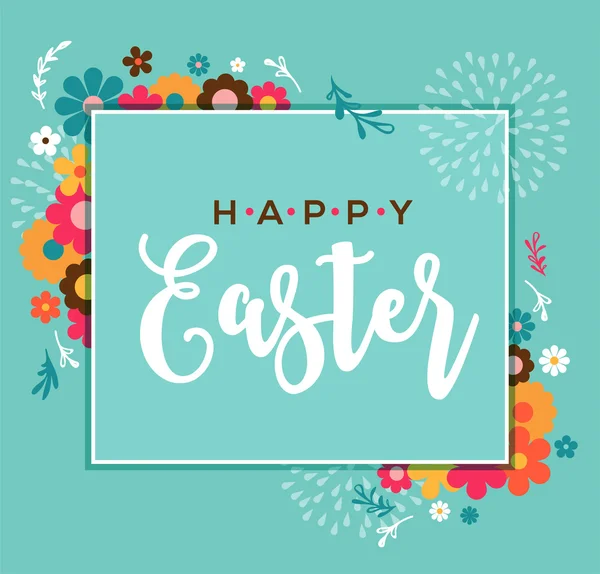 Colorido cartão de felicitações Feliz Páscoa com coelho, coelho, ovos e banners — Vetor de Stock