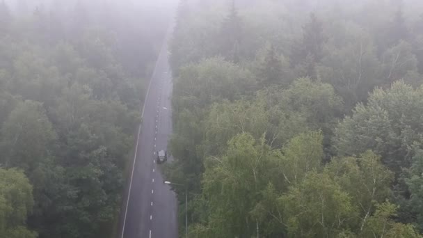 Volando Sobre Bosque Nublado Con Una Carretera Que Atraviesa Temprano — Vídeo de stock