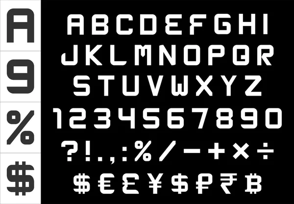 Алфавіт, цифри, валюта та символи - прямокутний базовий шрифт — стоковий вектор