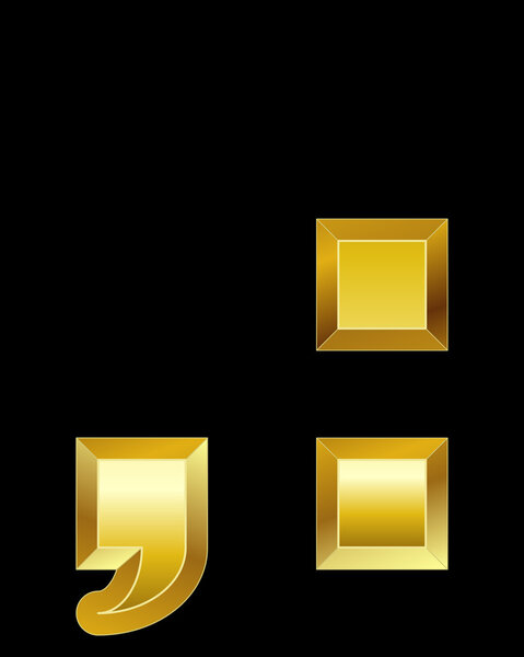 rectangular beveled golden font, comma and 2 dots