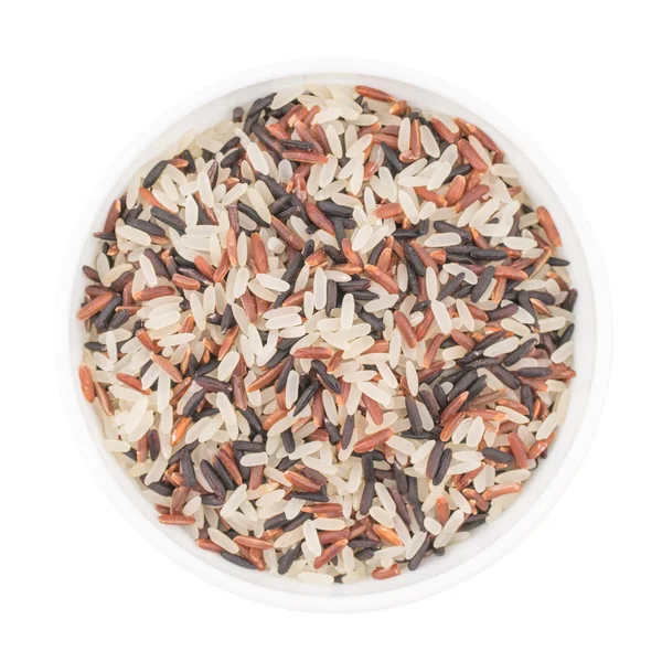 Color mix gourmet rice (brown, red, wild) in white bowl top view — Stock Photo, Image