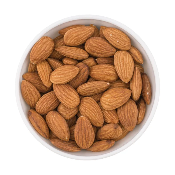 Almonds seed in the bowl isolated on white background. — Stock Photo, Image
