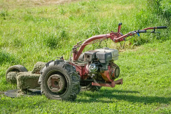 오래 된 잔디 깍는 기계는 정원에서 석유를 사용 하 여 — 스톡 사진